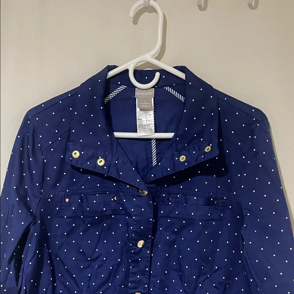 NWOT Chico's Luxe Twill  Stylish Navy Blue With White Polka Dot Utility Jacket - Picture 5 of 15